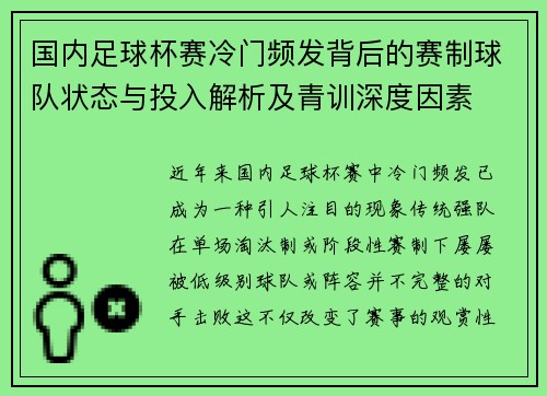 国内足球杯赛冷门频发背后的赛制球队状态与投入解析及青训深度因素