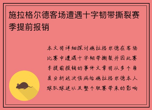 施拉格尔德客场遭遇十字韧带撕裂赛季提前报销